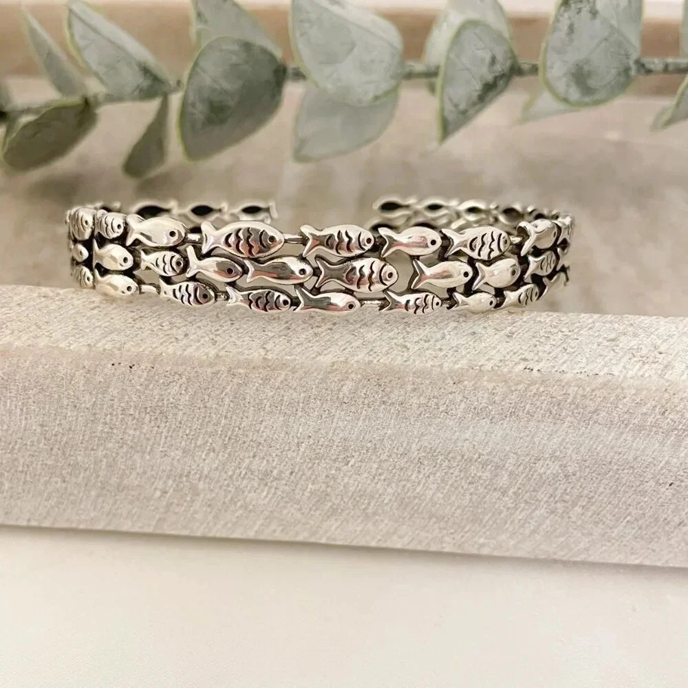 925 Sterling Silver Cuff Bracelet School of Fish Bracelet Modern Silver Bangle